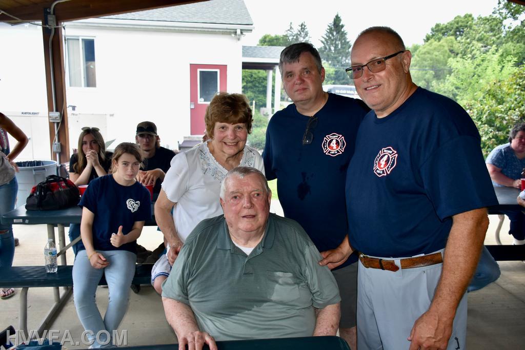 Wiccopee President Tom Hussing & Assistant Chief John Ryan presenting a Plaque to Albert (Doc) Forader for 50 years.