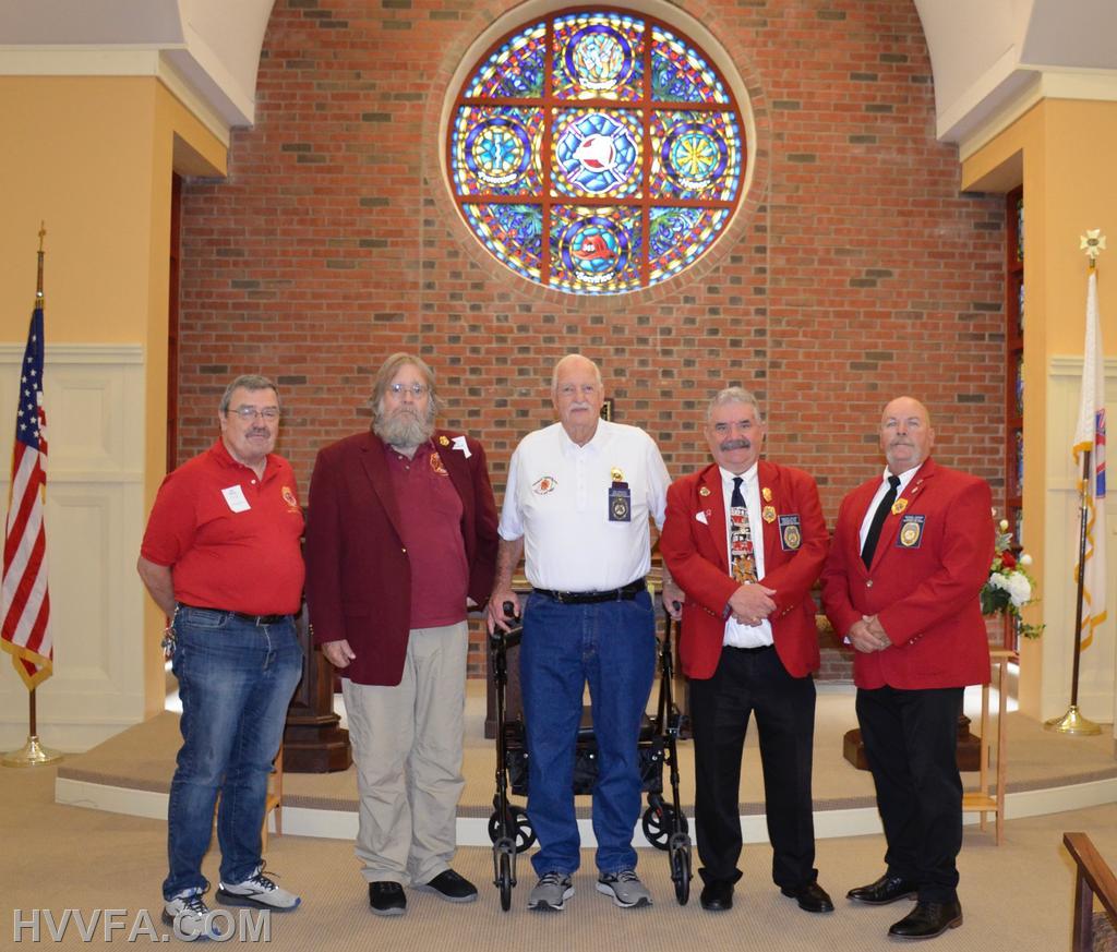 Dutchess County Officers stand with Ken Scofield 50 year member of HVVFFA.
L To R Past  President Jack Delaney, 2nd VP Kyle Pottenburgh, Past President Vincent Galvin, Past President Mike Carter.